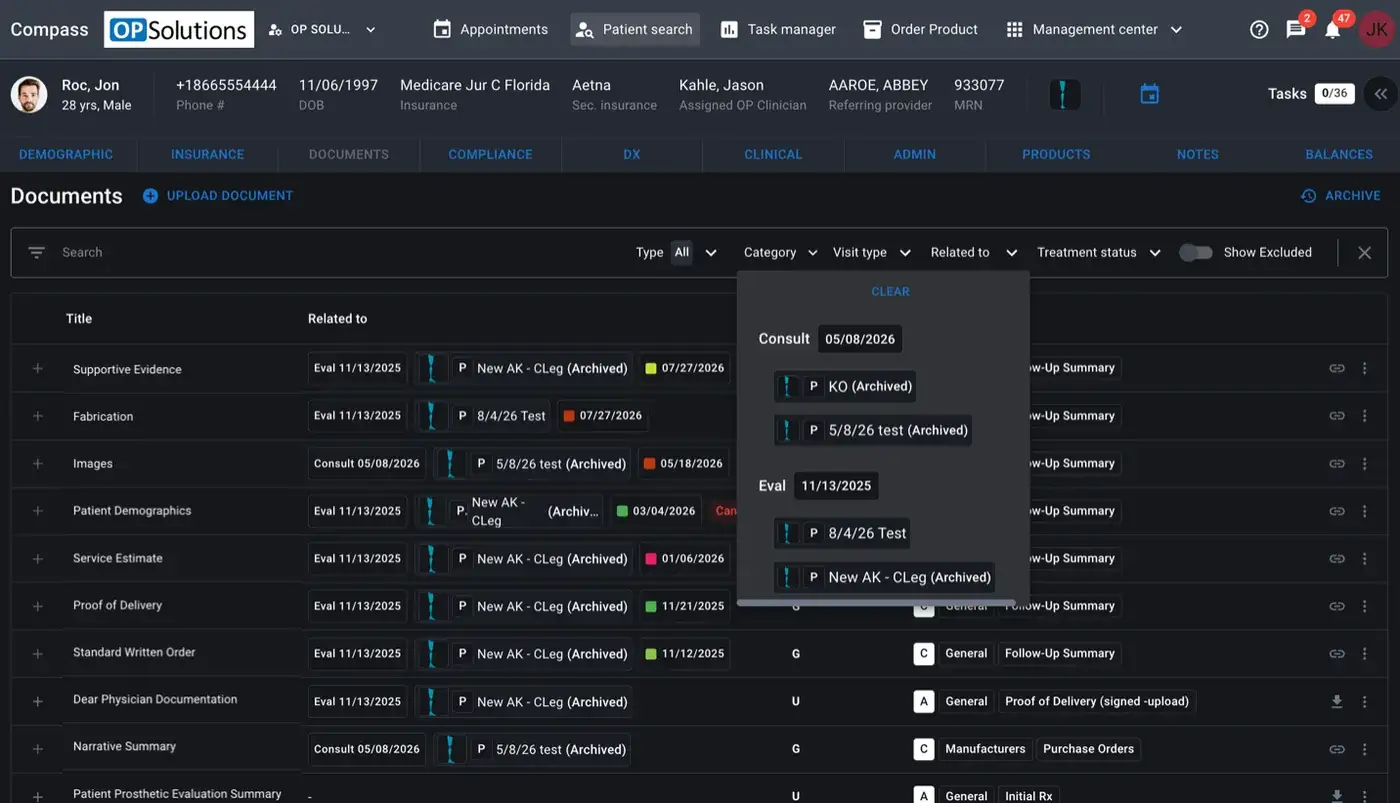 Documents tab — filterable categories